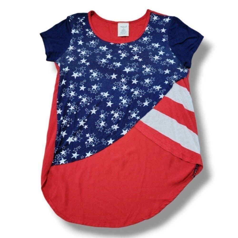 Marci Top Size Medium High Low T-Shirt Patriotic Stars And Stripes American Flag